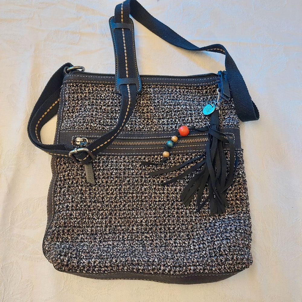 The Sak Lucia Boho Crochet Crossbody Black Brown Gray Purse Bag.